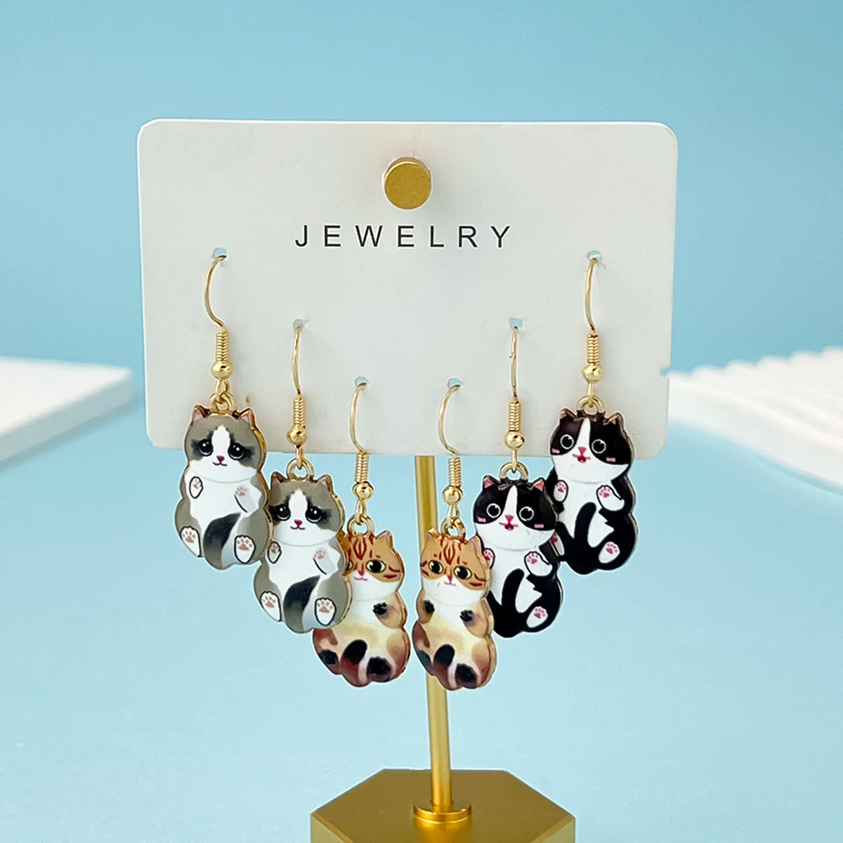 3Pairs/Set New Fun and Cute Enamel Alloy Cat Dangle Earrings Cartoon Style Colored Cat Ear Jewelry Set Gift For Women Girls