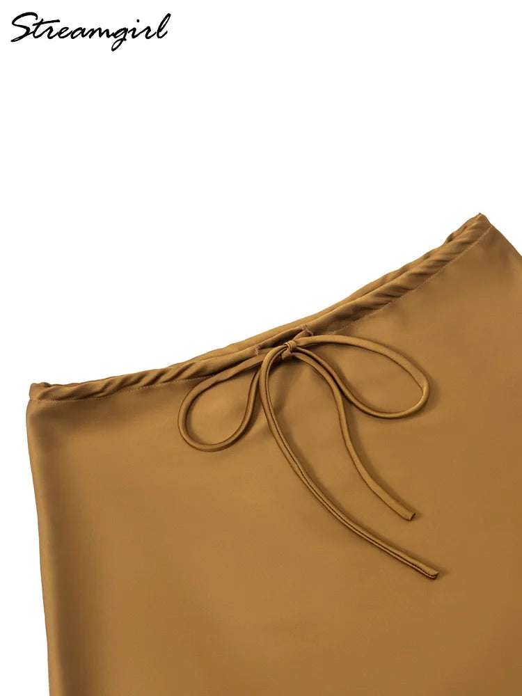 Satin Mini Skirts Women Summer Beige Silk Short Skirt For Woman Drawstring High Waist Black Satin Skirt A Line Women Short 2025