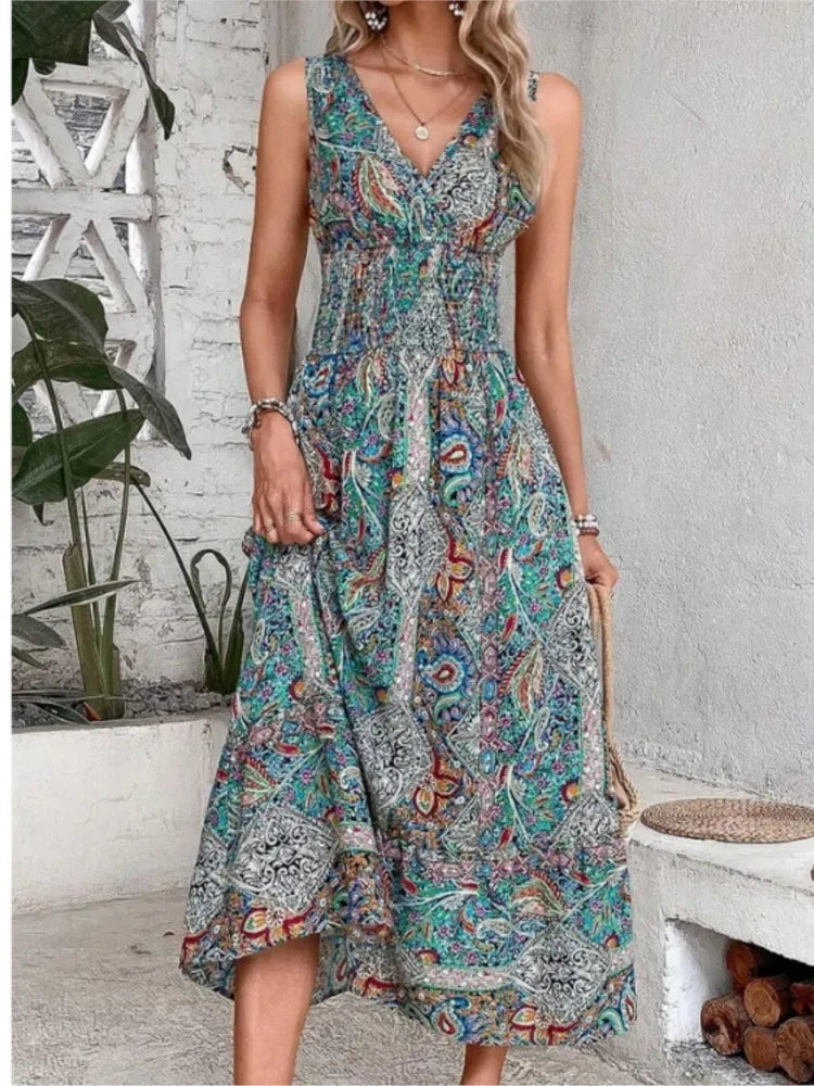 New Fashion Elegant High Waisted Sleeveless Boho Dress Summer Women Print V Neck Casual Long Dresses For Women Robe Femme