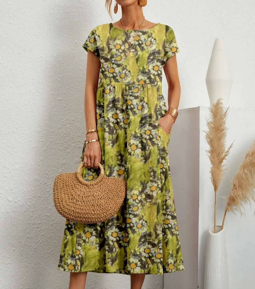 Fashion Women's Cotton and Linen Dress, Round Neck Printed Short Sleeved A-line Maxi Skirt, Unique Floral Long Dresses Vestidos