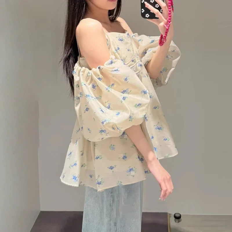 Japanese Print Blusas Mujer Sexy Off Shoulder Puff Sleeve Shirts & Blouses Woman 2025 Clothing Loose Camisas Summer New Ropa