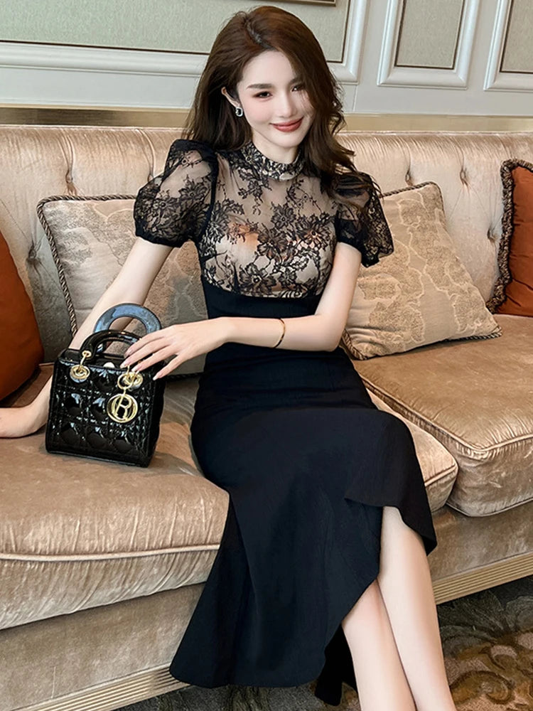 Elegant Style Long Dress Women Retro Chic Sexy Black Sheer Lace Spliced High Waist Fishtail Robe Femme Party Prom Vestidos Mujer