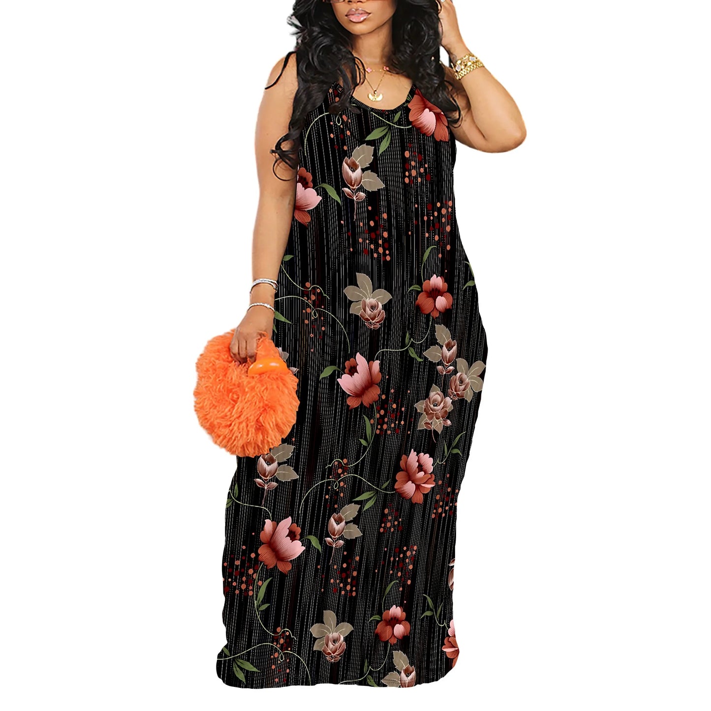 Nupusa Floral & Stripe Print Dress for Women Summer Casual Sleeveless Maxi Dress