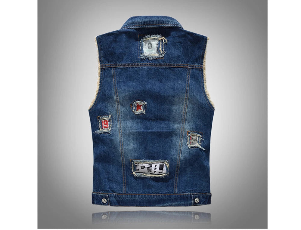 Spring Summer Men's Denim Vest Fashion Male Hip Hop Patch Hole Waistcoats Male Night Club Party Jeans Sleeveless Jacket Clothing