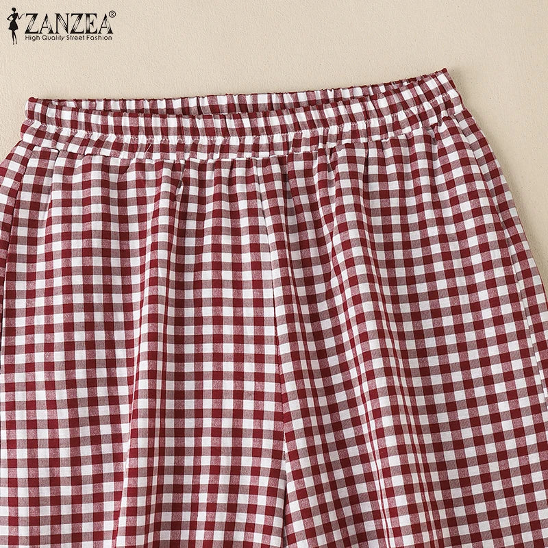 ZANZEA 2025 チェック柄パンツ レディース ファッション ランタンパンツ カジュアル ルーズ ロングパンツ 夏 ポケット 伸縮性ウエスト ボトムス オーバーサイズ