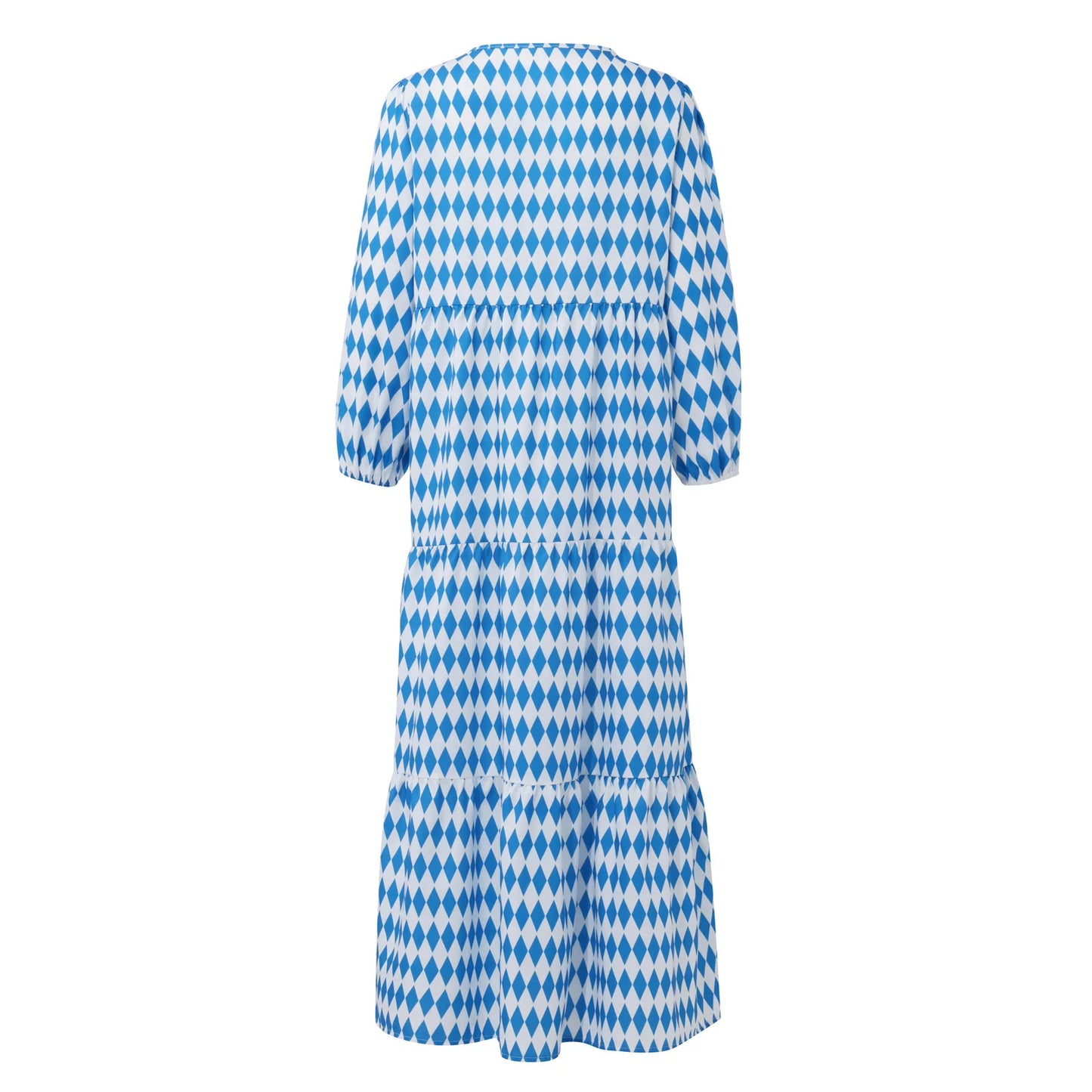 Women's Summer Casual Fashion Geometric Print Neckline Lace-up Bubble Middle-sleeves Ruffle Stitching Big Swing Long Losse Dress