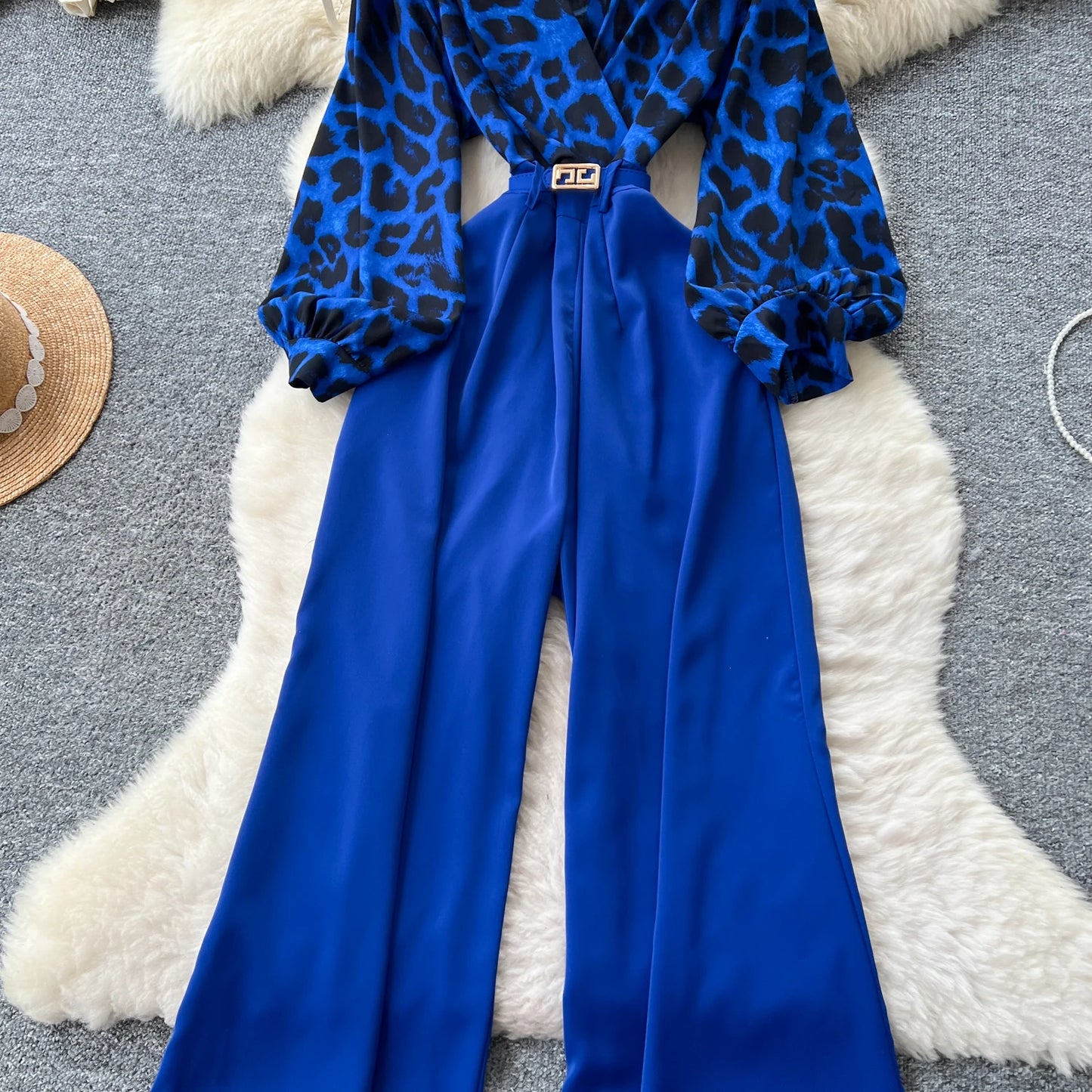 SINGREINY Autumn Leopard Long Jumpsuits V Neck Long Sleeves Belt Wide Legs Pants Women American Retro Senior Office Lady Rompers
