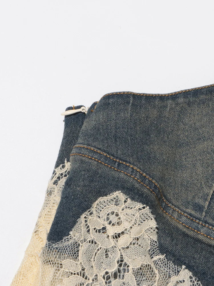 TWOTWINSTYLE Patchwork Lace Two Piece Set For Women V Neck Sleeveless Tops High Waist Loose Pant Slimming Denim Sets Female New
