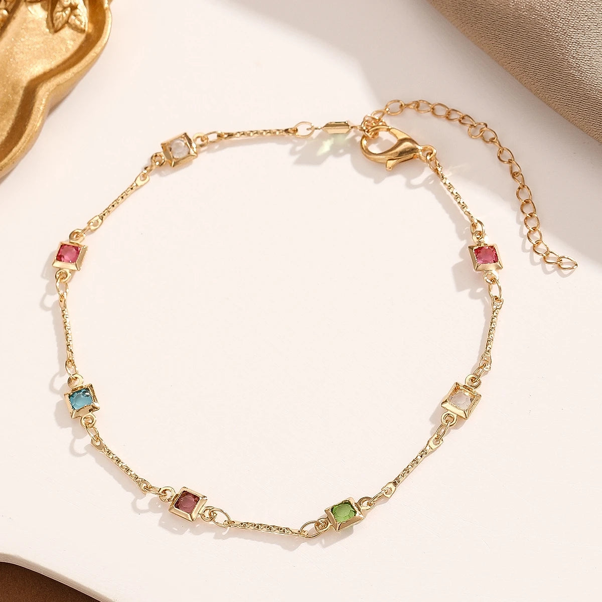 Kinitial Tiny Colorful Square Zircon Anklets For Women Bracelets Summer Barefoot Sandals Jewelry On Foot Leg