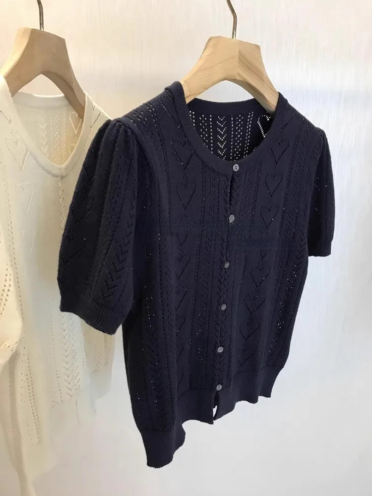 2025 Knitted Love Hollow Out Cardigans Women Summer Puff Sleeve Cropped Sweater Korean Single Breasted Fashion Woman Clothes