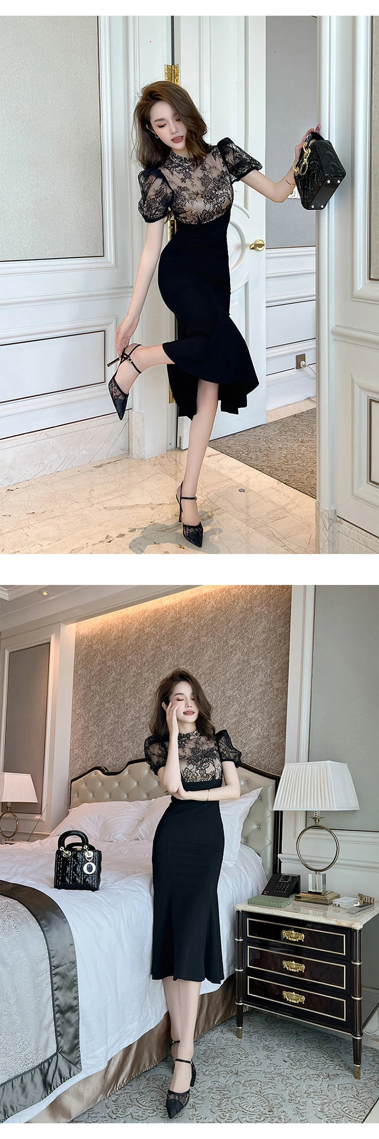 Elegant Style Long Dress Women Retro Chic Sexy Black Sheer Lace Spliced High Waist Fishtail Robe Femme Party Prom Vestidos Mujer