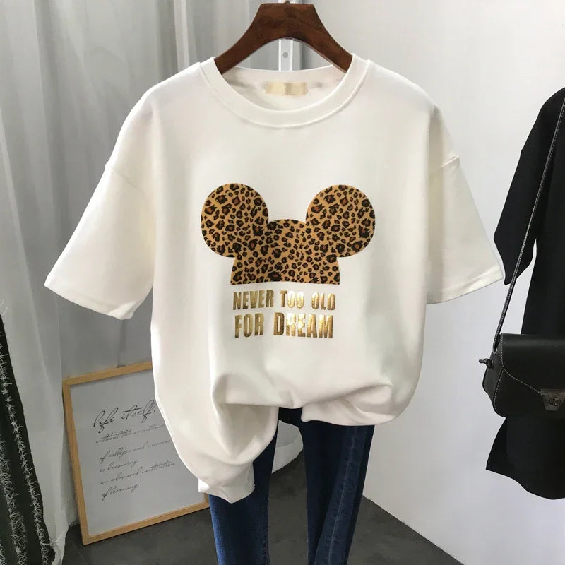 Gold Letter Grapic Leopard T-shirts Women Summer Loose Harajuku Female Black White T Shirt New Casual Women's Clothing Korean