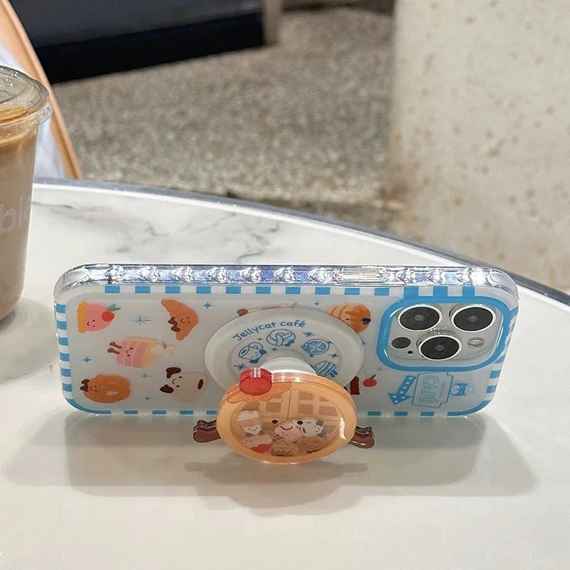 豪華でキュートなワッフルケーキのMagSafeワイヤレス充電ケース、iPhone 13 14 15 16 Pro Max用、面白い漫画ワッフルシェイクマグネットホルダー
