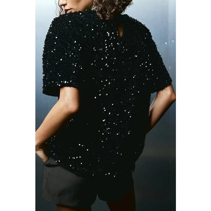 2025 Spring Sexy Women Velvet Sequins Shirt Top Elegant Short Sleeve O Neck Loose Sparkle Guest Party T-shirt Night Clubwear