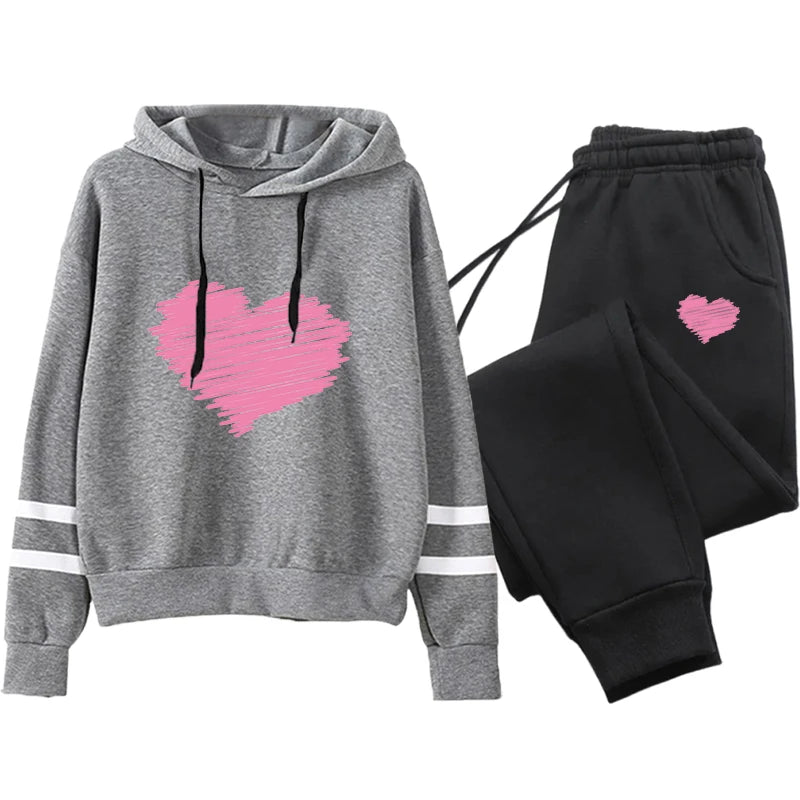 Cute Heart Printed Hoodies Sweatpants Woman Daily Casual Sports Jogging Suit Home Outdoor Comfort Warm Outfit Women's Clothes
