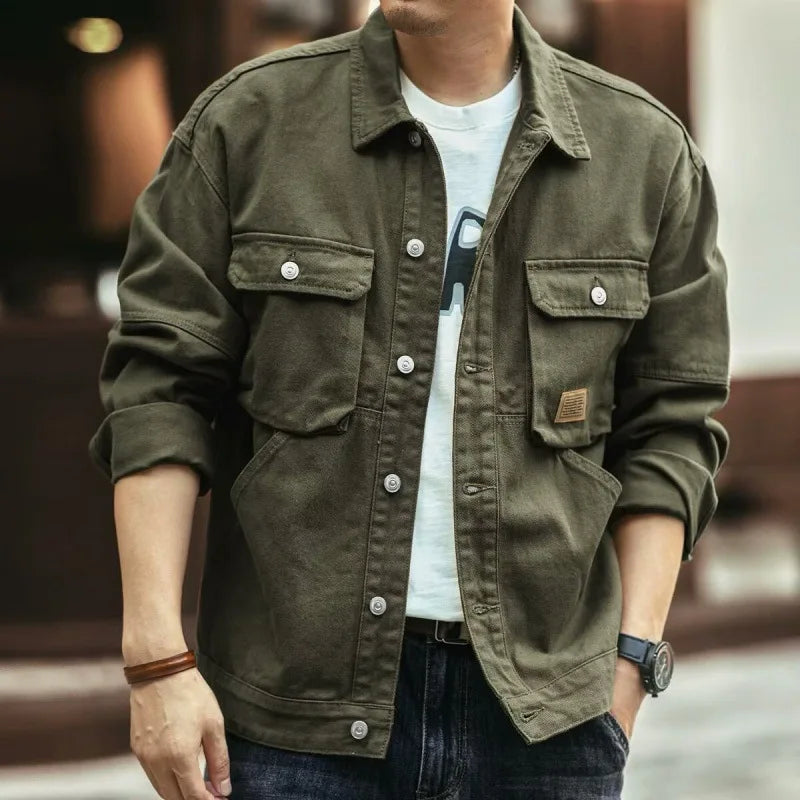 American Retro Denim Jacket Men's Autumn and Winter Trendy Brand Heavyweight Washed Lapel Jacket Trendy and Cool French Workwear