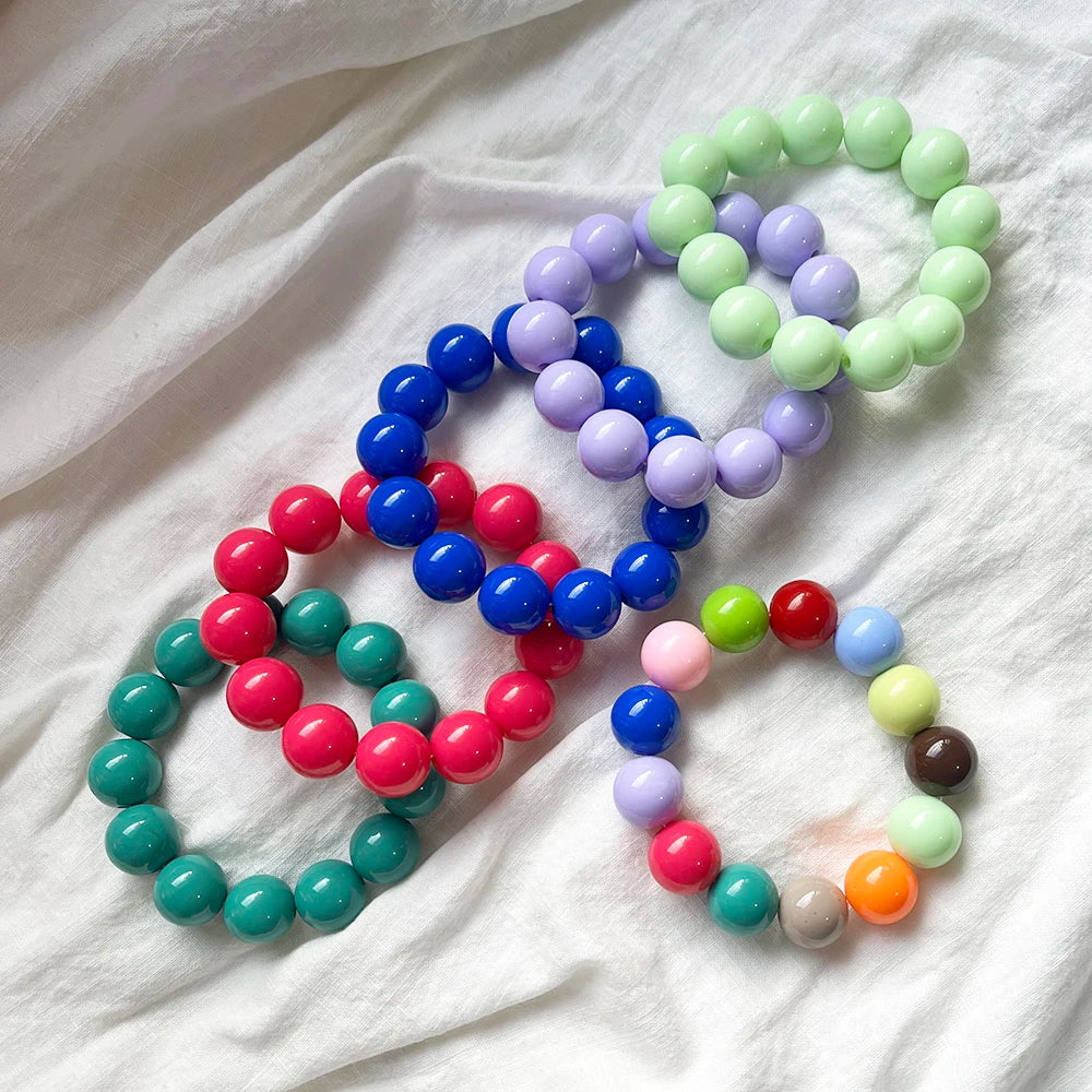 Cute Sweet Colorful Acrylic Big Bead Chunky Bracelet Fluorescent Hand Beaded Simple Bangles Summer Spring Jewelry Accessories