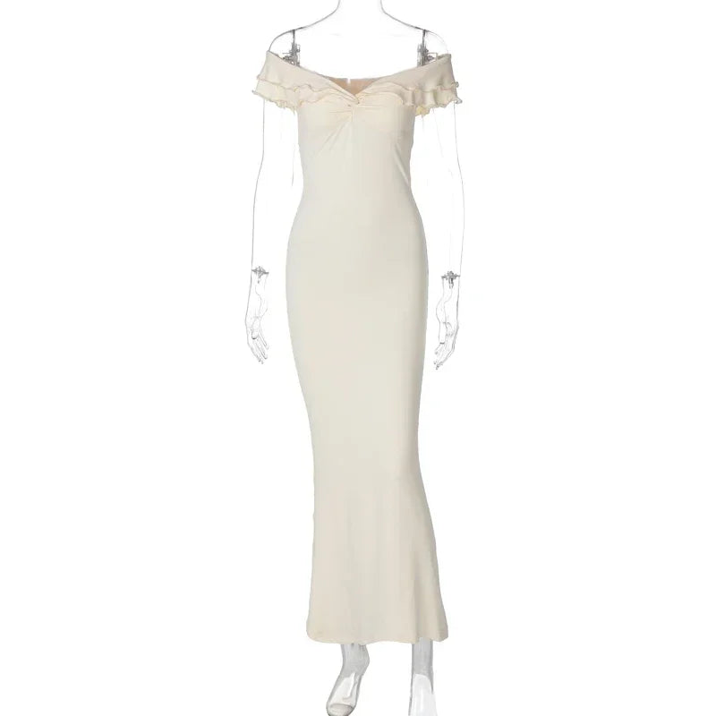 2024 Fall Solid Slash Neck Ruffles Sexy Bodycon Elegant Maxi Prom Dress Women Y2K Outfits Evening Party Birthday