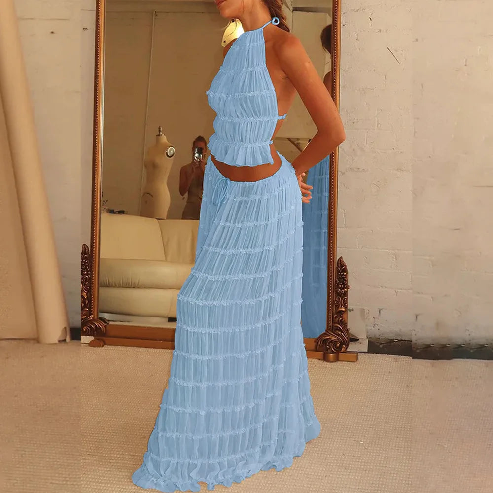 2024 Summer Party Elegant Women Beach Skirt Suit Sleeveless Backless Cropped Halter Lace Up Tops And Long Skirts Two Piece Sets