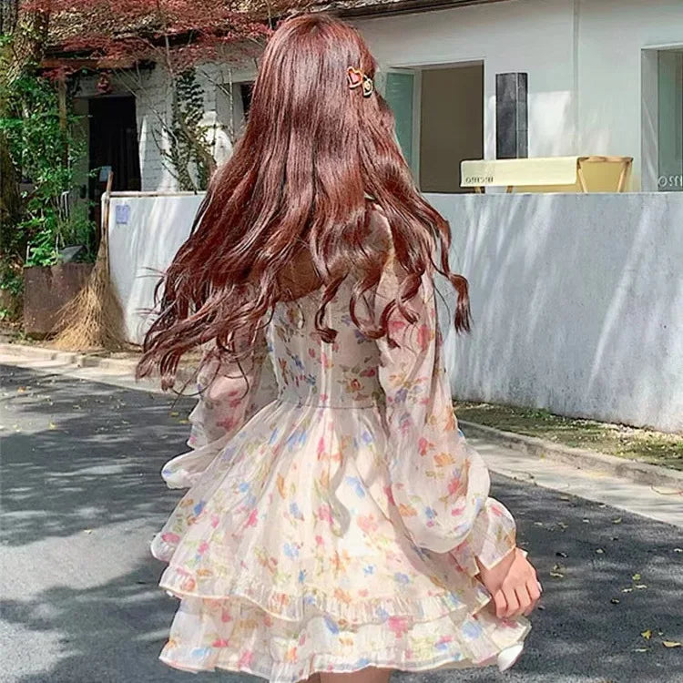レディースドレス オフショルダー 花柄プリント 長袖 フリル パーティーミニドレス フリル スリムショートドレス フェアリー スイート