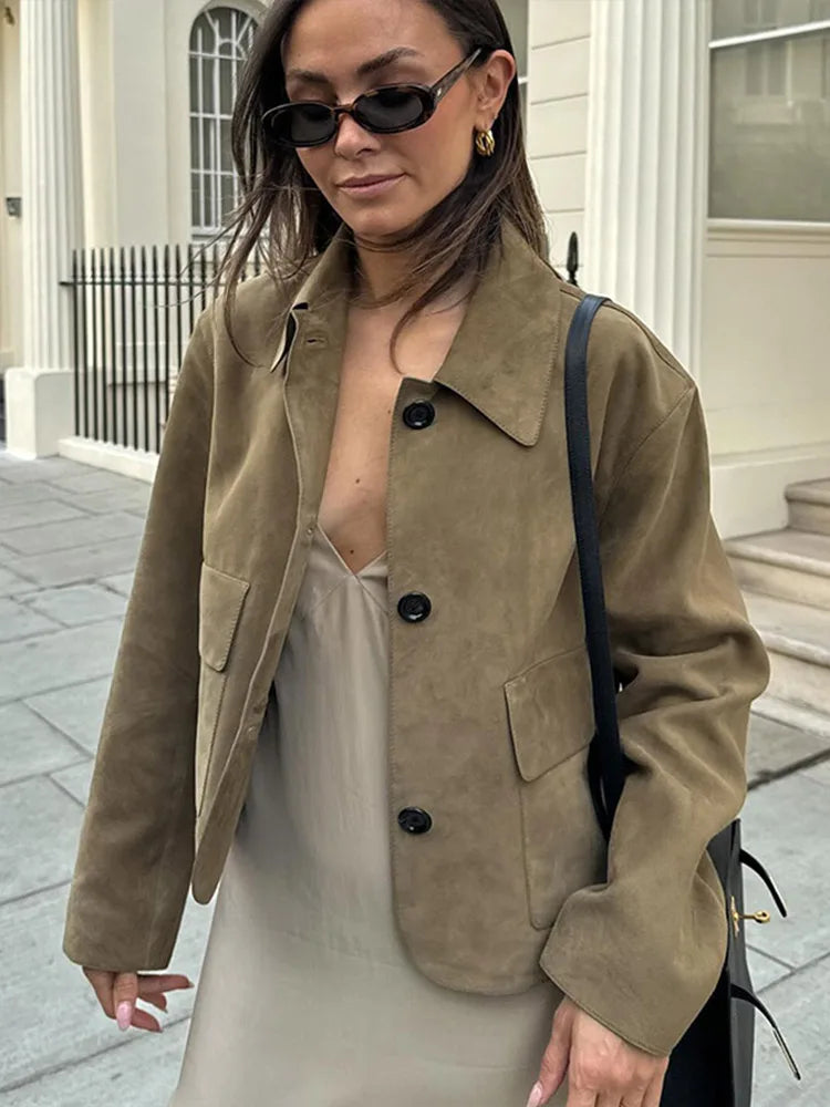 Retro Suede Jackets Women Elegant Single Breasted Lapel Brown Coats Female 2024 Autumn Winter Fashion Soft Pocket Outwears Lady