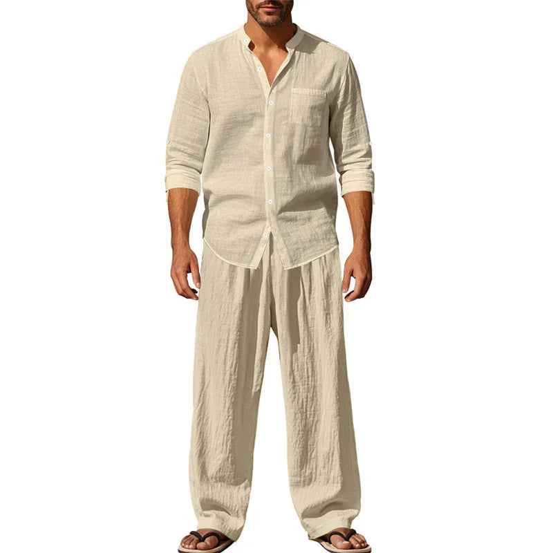 2025 New Spring and Summer Men's Suit Linen Casual Loose Breathable Long Sleeves Shirt Trousers 2Set of Beach Vacation Essential