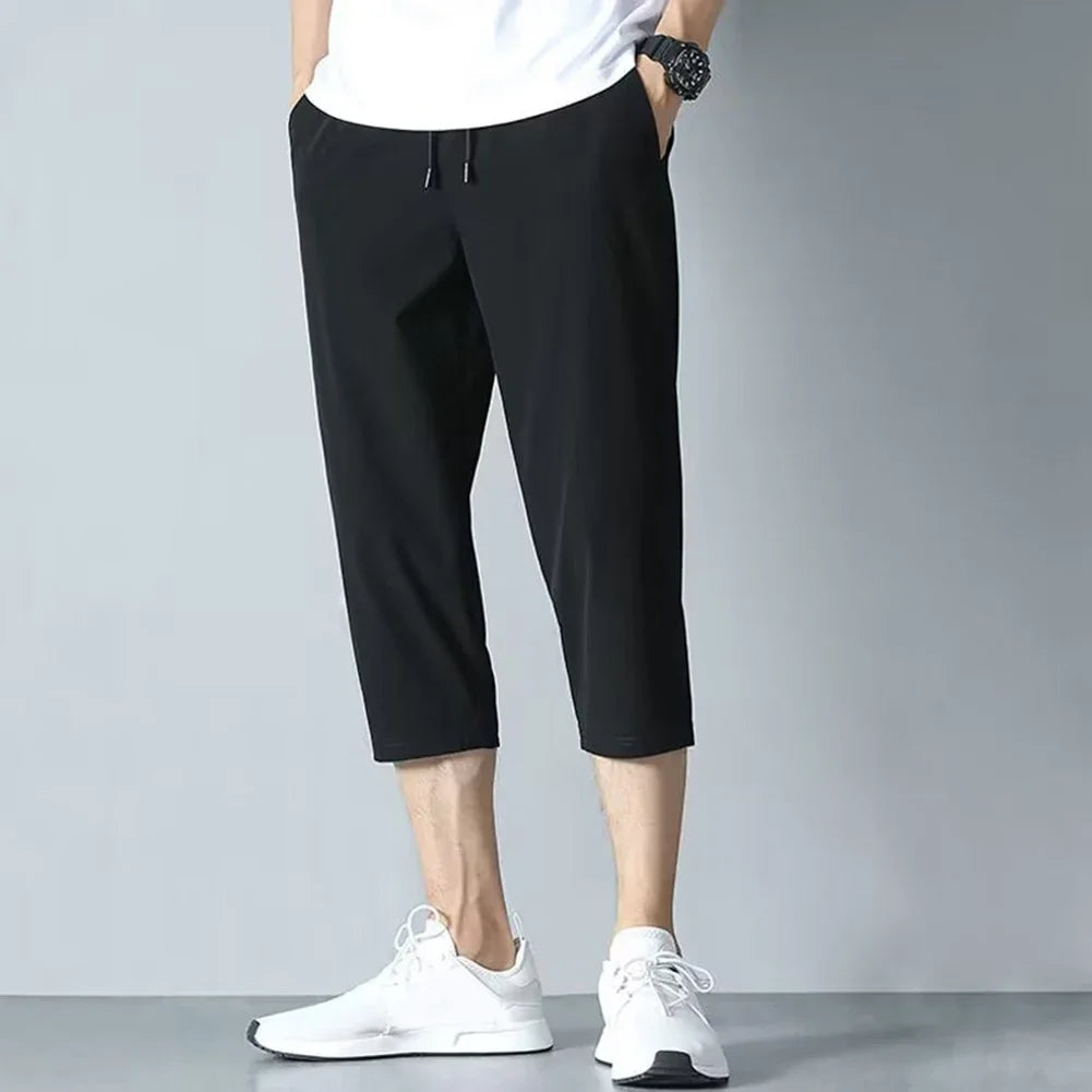 2025 New Summer Men's Ice Silk Pants Hong Kong Style Trendy Loose-Fit Straight-Leg Cropped Pants Korean Version Casual Pants
