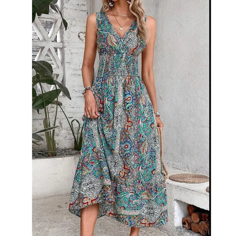 New Fashion Elegant High Waisted Sleeveless Boho Dress Summer Women Print V Neck Casual Long Dresses For Women Robe Femme