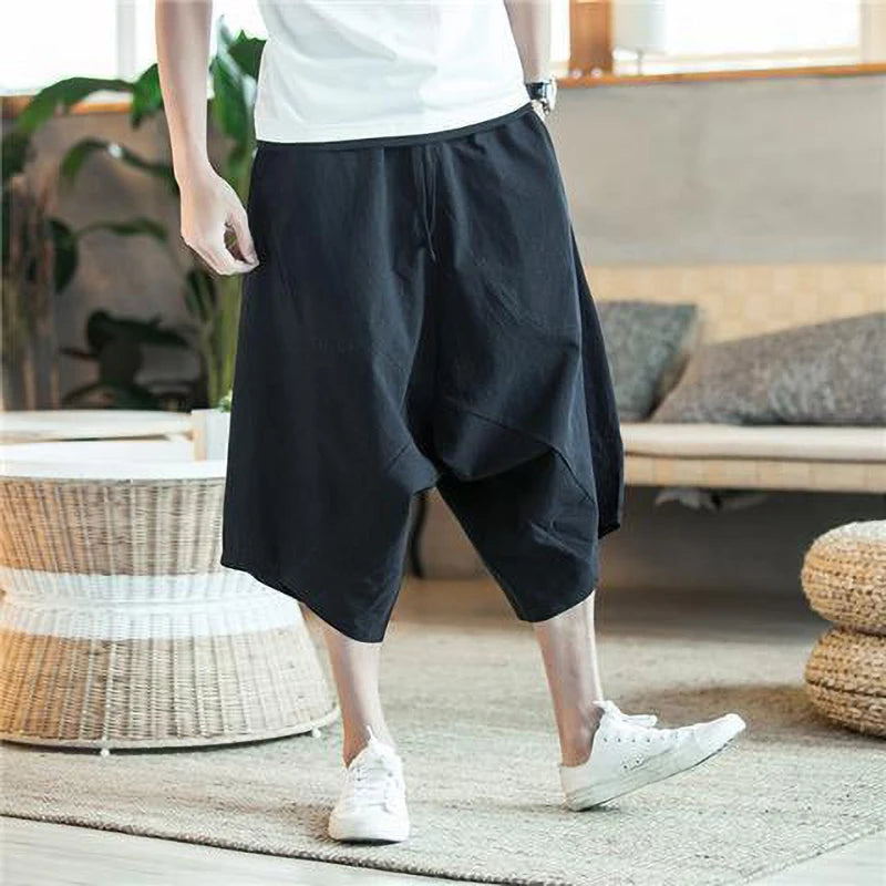 夏用薄手ビーチコットンリネンカジュアルショーツ メンズ ジャパニーズワイドレッグバギーカプリパンツ 男性用スポーツランニングショーツ 2025年新作
