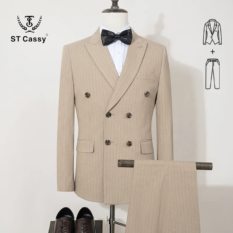 ST Cassy 高品質の男性用ストライプスーツ スリムフィット 高級男性服 エレガントなメンズスーツ ウェディングトレンドコスチューム