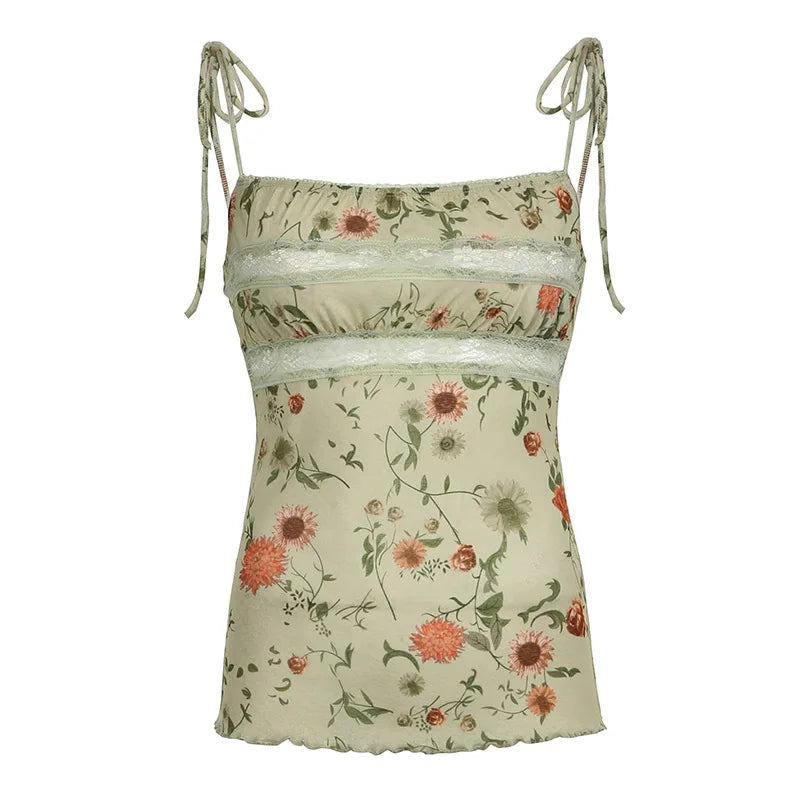 y2k Coquette Tops Women Fairycore Clothing Floral Lace Trim Patchwork Spaghetti Strap Sleeveless Camisole Vest Streetwear
