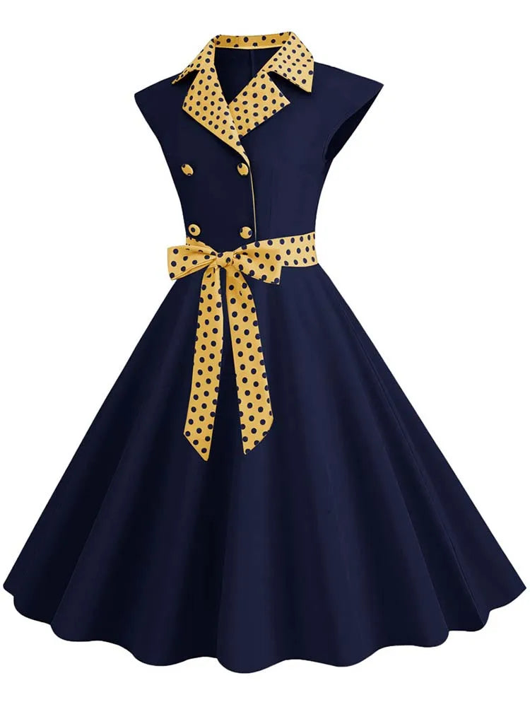 Notched Collar Vintage Solid Party Dresses Women Summer Sleeveless Belted Midi Swing Sundress