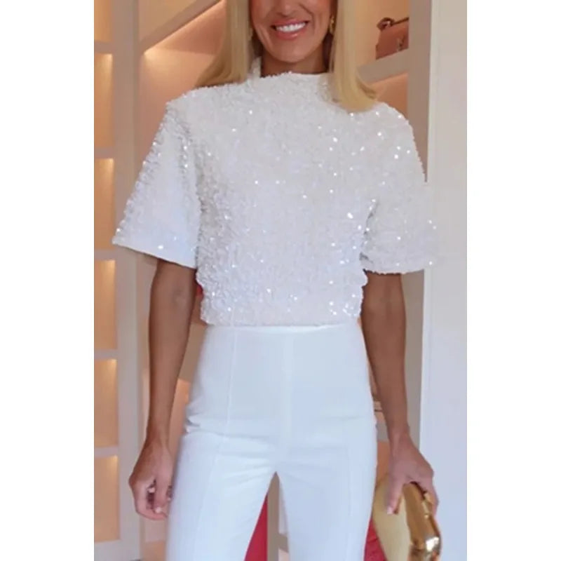 2025 Spring Sexy Women Velvet Sequins Shirt Top Elegant Short Sleeve O Neck Loose Sparkle Guest Party T-shirt Night Clubwear