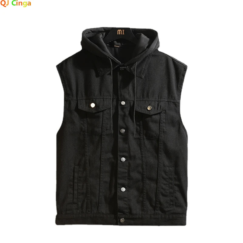 2025 Men's Spring/Summer Autumn Denim Vest Jacket Teenagers Black Leisure Hooded Vests Coat Plus Size Waistcoat M-5XL