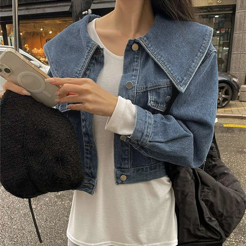 Women Turndown Collar Denim Jacket Casual High Waist Long Sleeved Button Up Short Jacket Fall Vintage Coat Streetwear Outerwear
