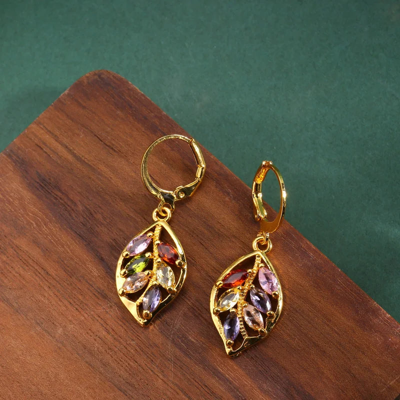 Fashionable Golden Leaf Inlaid Colored Zircon Earrings for Women, Exquisite Jewelry, Valentine's Day Gift