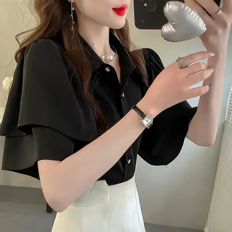 French Lady's Summer Loose Shirt Women's New Loose Blouse Solid Color Ruffle Short Sleeve Chiffon Top