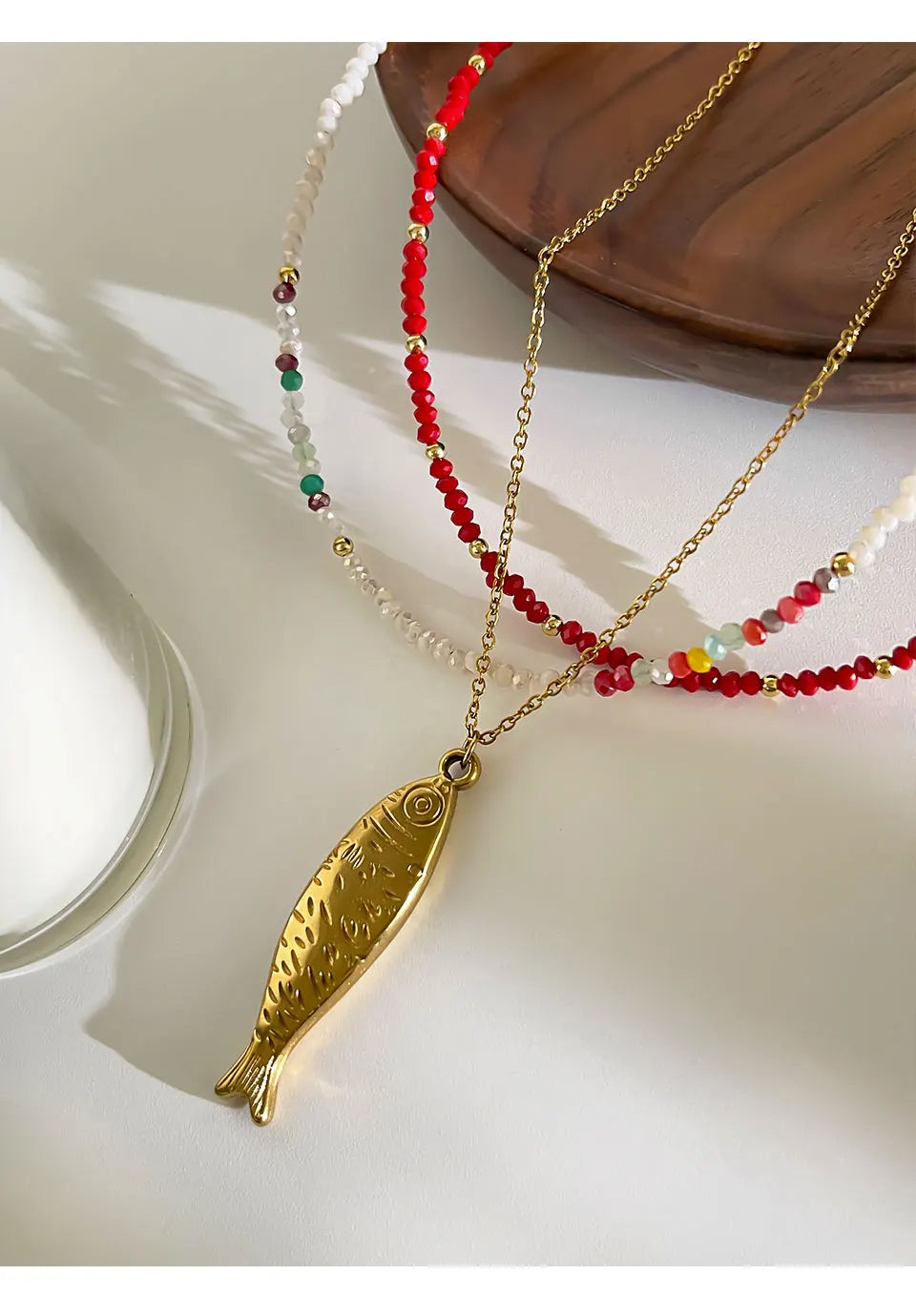 Peri'sbox Boho Colorful Acrylic Beaded Chain for Women 18K Gold Plated Solid Fish Pendant Necklace Waterproof Stackable Jewelry