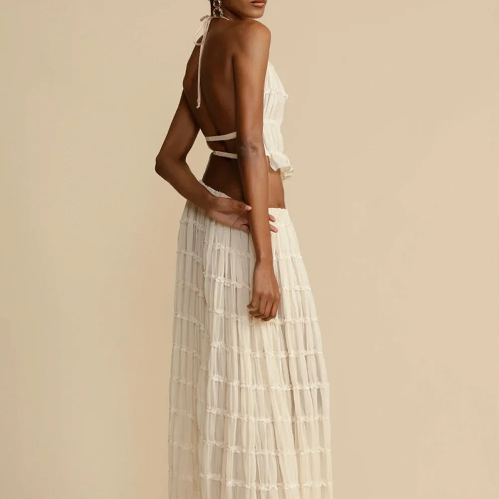 2024 Summer Party Elegant Women Beach Skirt Suit Sleeveless Backless Cropped Halter Lace Up Tops And Long Skirts Two Piece Sets