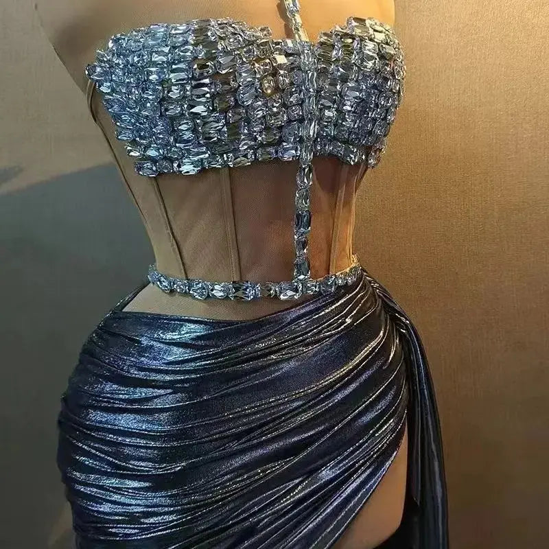 Sparkly Rhinestones Top Skirt Two Pieces Set for Women Sexy Celebrate Evening Prom Birthday Photography Shoot Dress