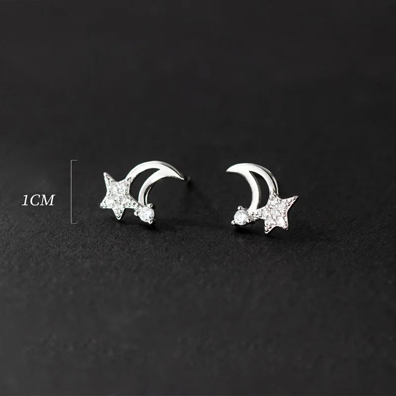 SOFTPIG Real 925 Sterling Silver Zircon Star Moon Stud Earrings For Women Classic Fine Jewelry Minimalist Accessories