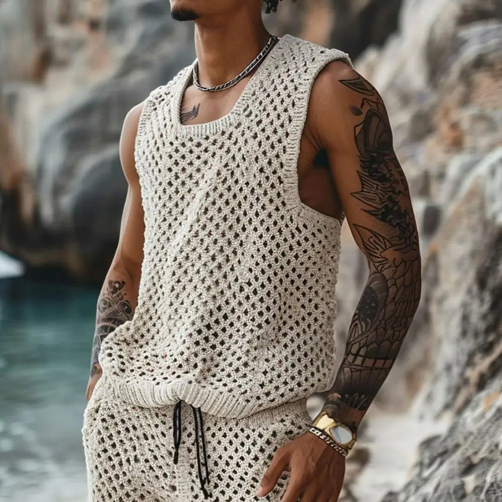 Vest Shorts Set Men's Casual Sleeveless Knit Top Drawstring Shorts Set for Daily Wear Elastic Waist Wide Leg Shorts for Men's
