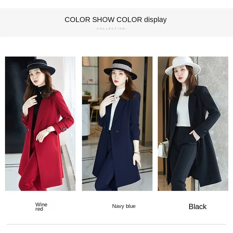 2022 Winter High-end Women's Business Suit Pants Two-piece Set Temperament Slim Solid Color Lady Double Breasted Trench Coat