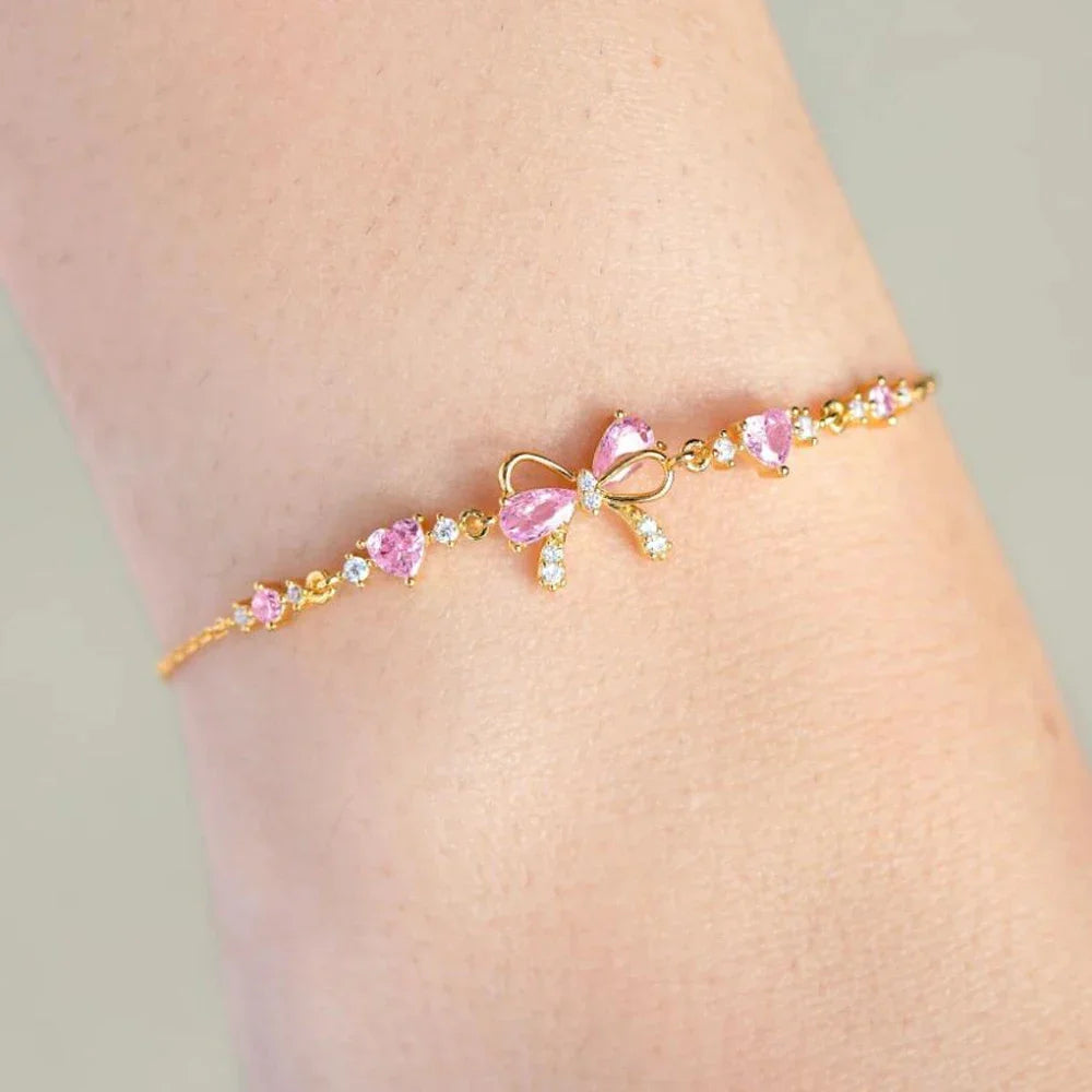 Y2K Exquisite Sweet Pink Zircon Bowknot Love Heart Chain Bracelet For Women Girls Party Birthday Jewelry Gift