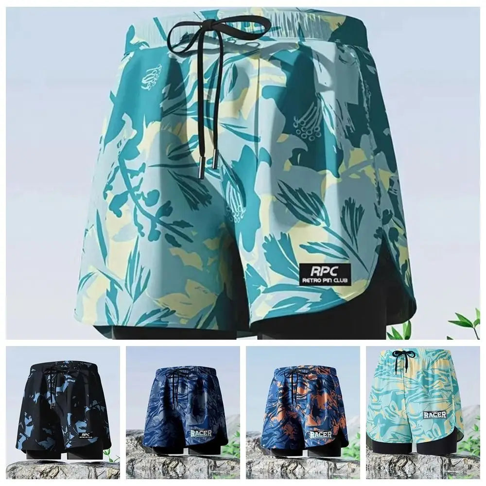 L-5XL Men's Swimming Trunks Swimsuit Printing Beach Pants Quick Drying Breathable Adult Double Layered Swimming Trunks Sports
