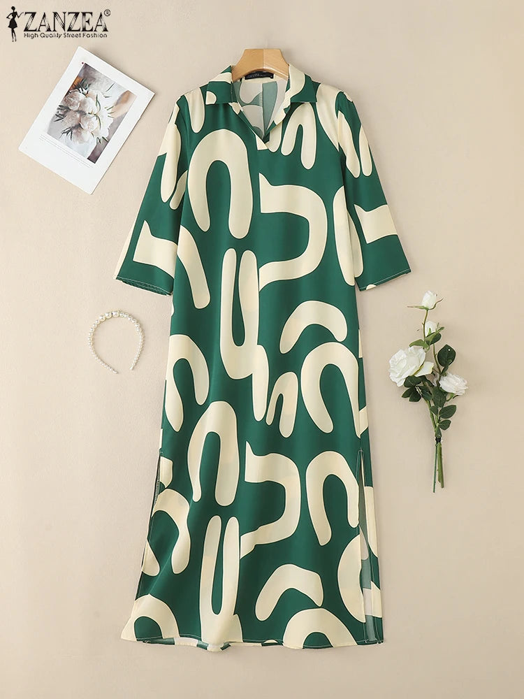 2025 ZANZEA Fashion Autumn Printed Dresses Women Maxi Long Dress Lapel Neck Long Sleeve Robe Casual Kaftan Vestidos Oversize
