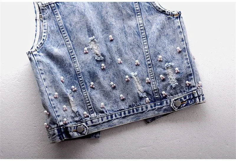 Women Denim Vest Jacket New Autumn Embroidery Beads Sleeveless Vintage Hole Jeans Vest Jacket Overcoat Female Tops Waistcoat