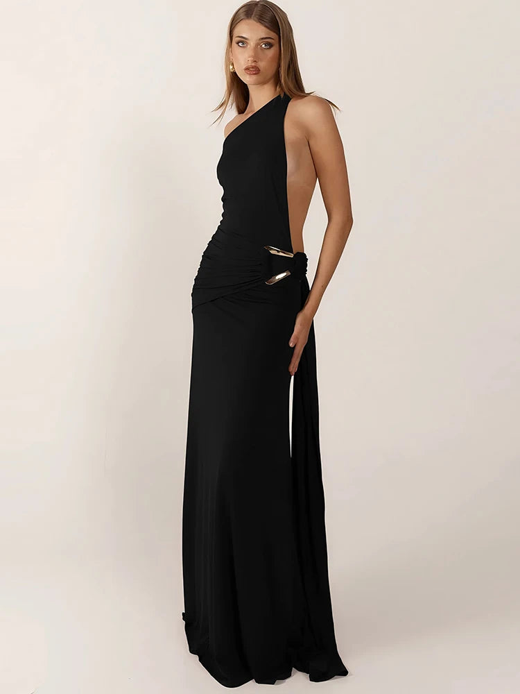 Sibybo Oblique Shoulder Sleeveless Ruched Maxi Dress For Women Gown Elegant Metal Rings Backless Bodycon Long Dresses Vestidos