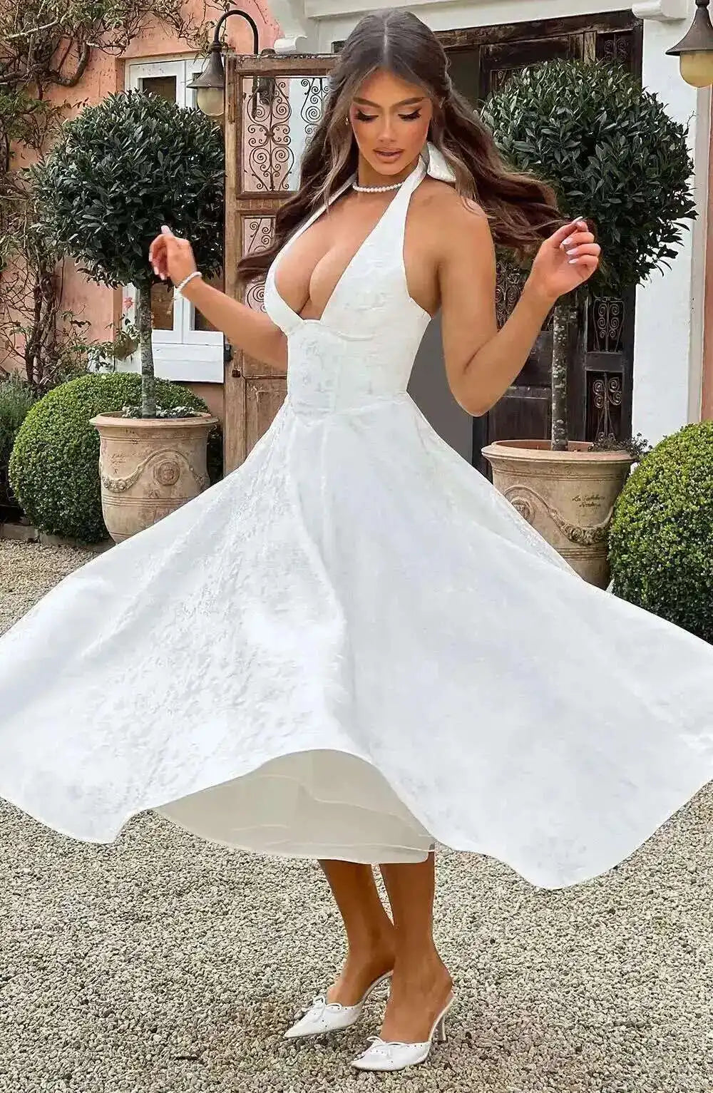 Giyu Club Evening Party Dresses Women 2025 Summer Sexy Bow Halter Long Dress Elegant Jacquard Lace Up Backless Birthday Robe