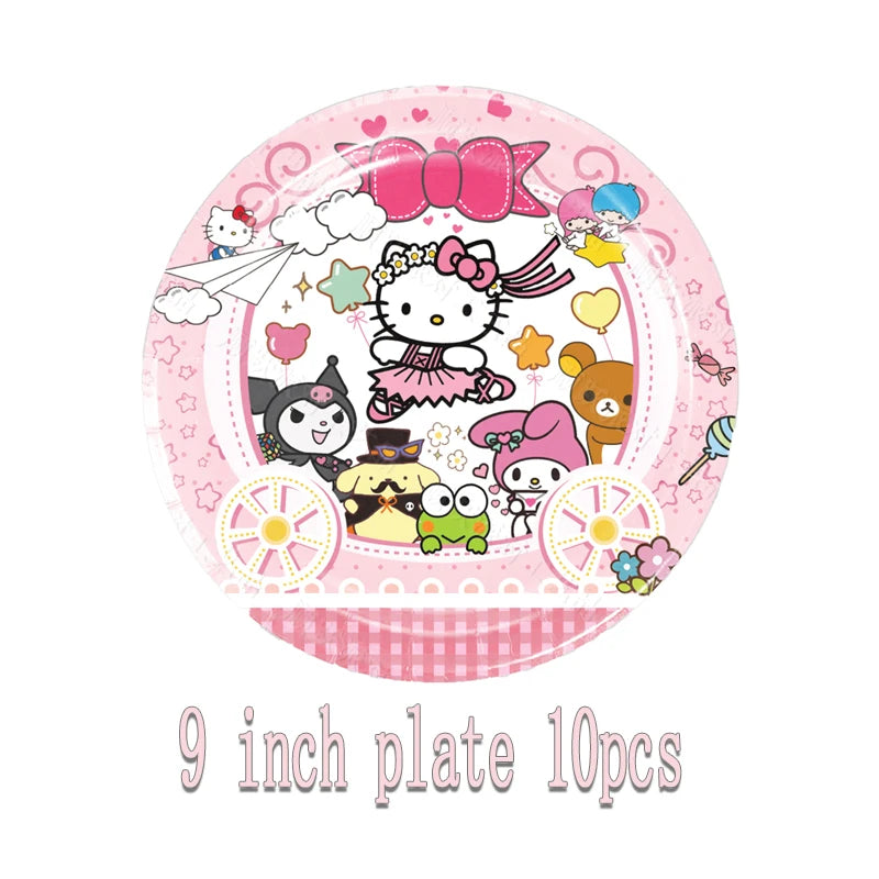 kawaii Sanrio Birthday Party cutlery plate Disposable Banner Cake Topper Hanging Flag Hello Kitty Balloons Birthday Decorations